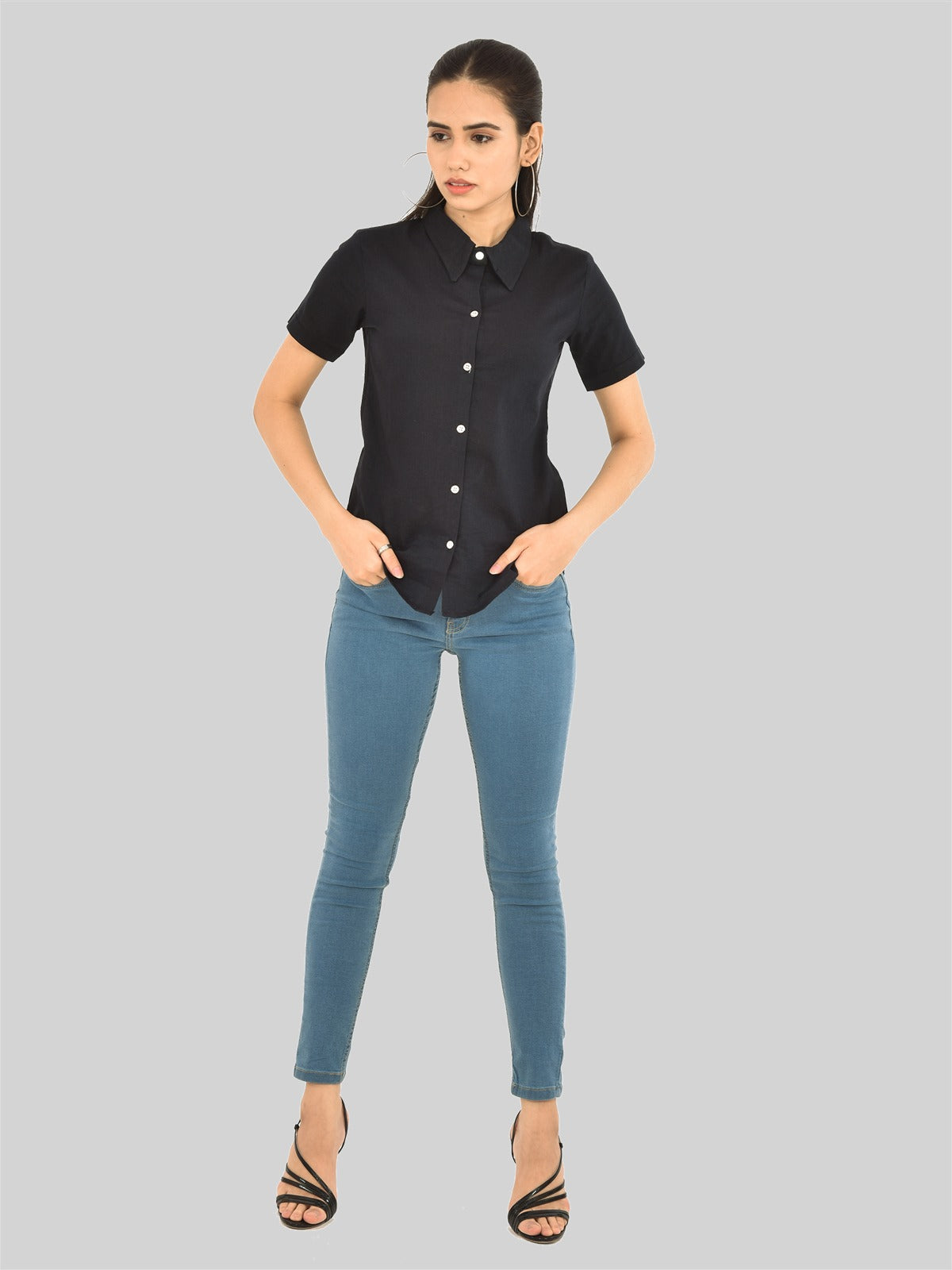 Womens Regular Fit Black Half Sleeve Cotton Shirt