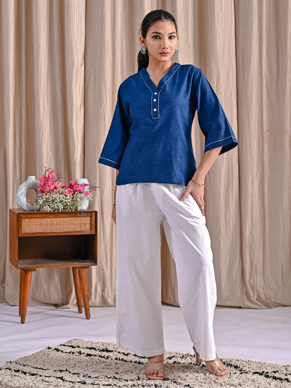 Pack Of 2 Blue And Teal Blue Handloom Cotton Anchor Thread Designer Tops