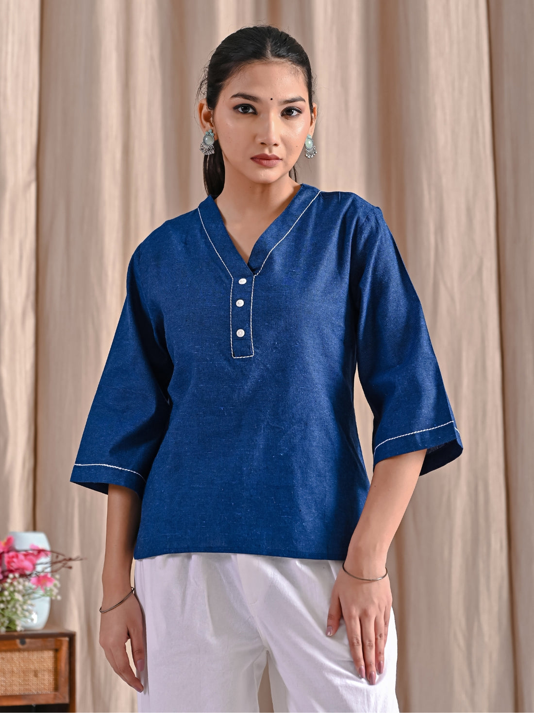 Pack Of 2 Blue And White Handloom Cotton Anchor Thread Designer Tops