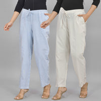 Combo Pack of 2 Womens Blue And Cream Cotton Stripe Trouser