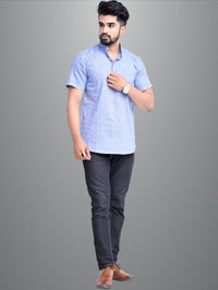 Pack of 2 Mens Solid Beige And Blue Khadi Cotton Short Kurta Combo