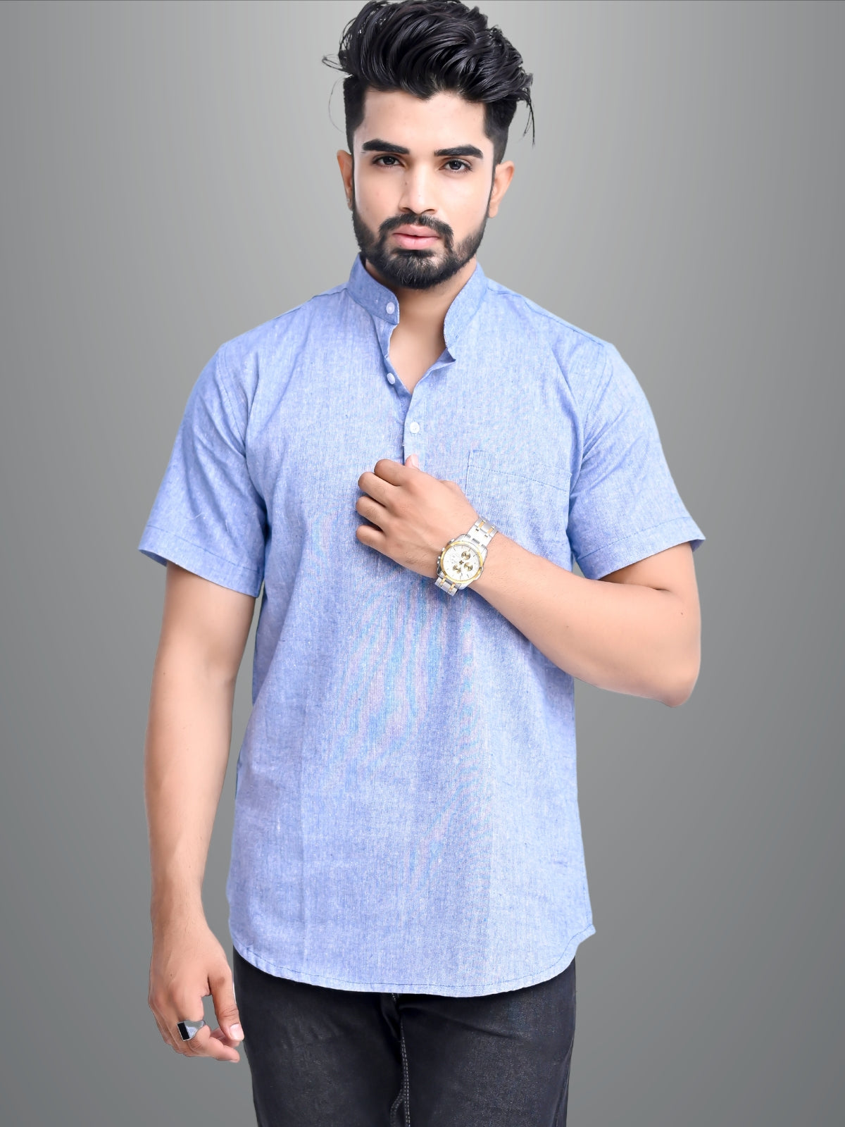 Pack of 2 Mens Solid Blue And Sky Blue Khadi Cotton Short Kurta Combo