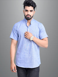 Pack of 2 Mens Solid Blue And Off White Khadi Cotton Short Kurta Combo