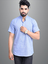 Pack of 2 Mens Solid Beige And Blue Khadi Cotton Short Kurta Combo