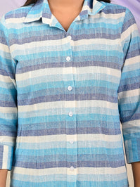 Womens Blue Linen Multistripe Cotton Shirt