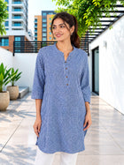Blue Mini Checks Cotton Short Kurti