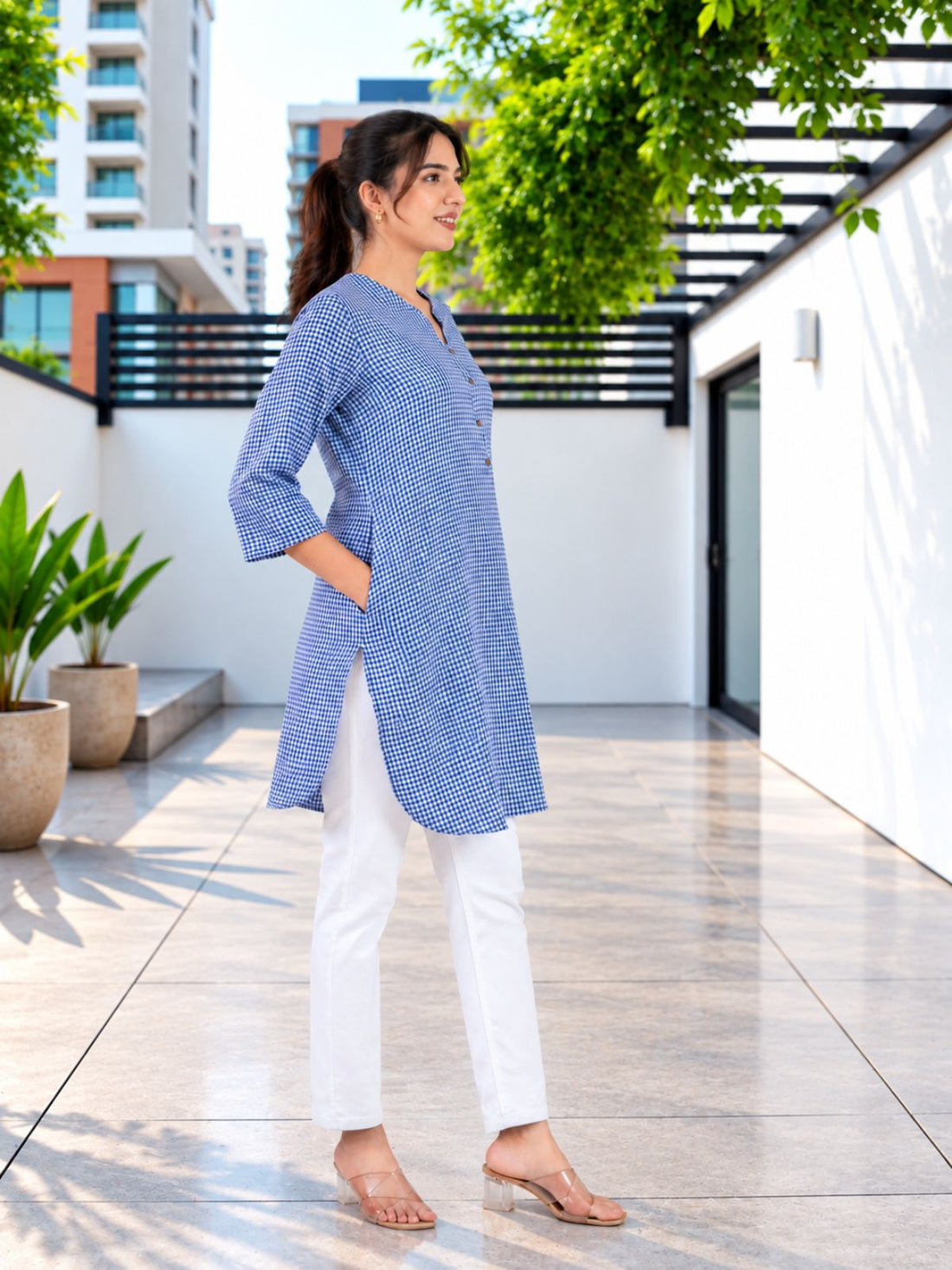 Blue Mini Checks Cotton Short Kurti