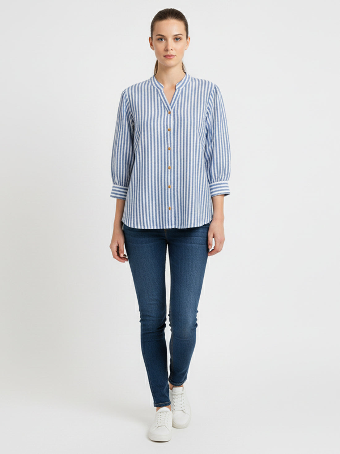 Blue Pleated shoulder Vertical Stripe Shirt
