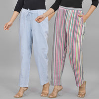 Combo Pack of 2 Womens Blue And Multicolor Cotton Stripe Trouser