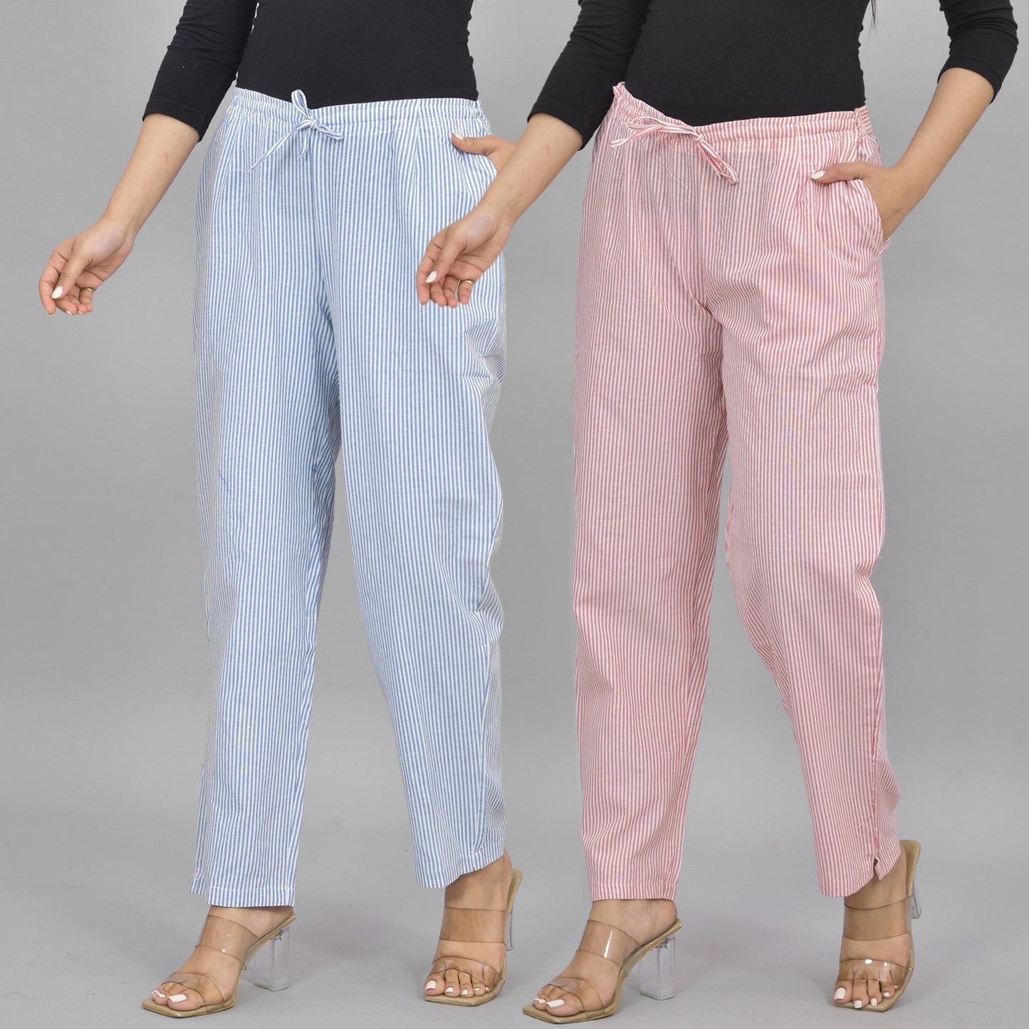Combo Pack of 2 Womens Blue And Pink Cotton Stripe Trouser