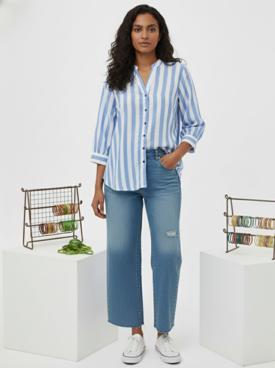Blue Pleated shoulder Stripe Shirt