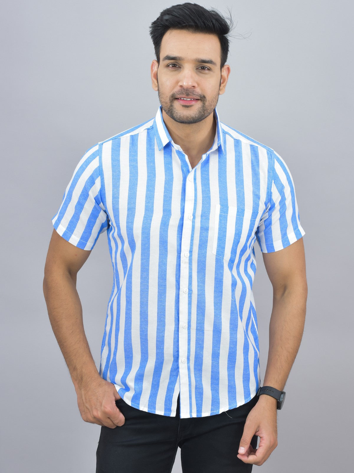 Pack Of 2 Quaclo Couple Blue Striped Cotton Shirts