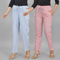 Combo Pack of 2 Womens Blue And Red Cotton Stripe Trouser