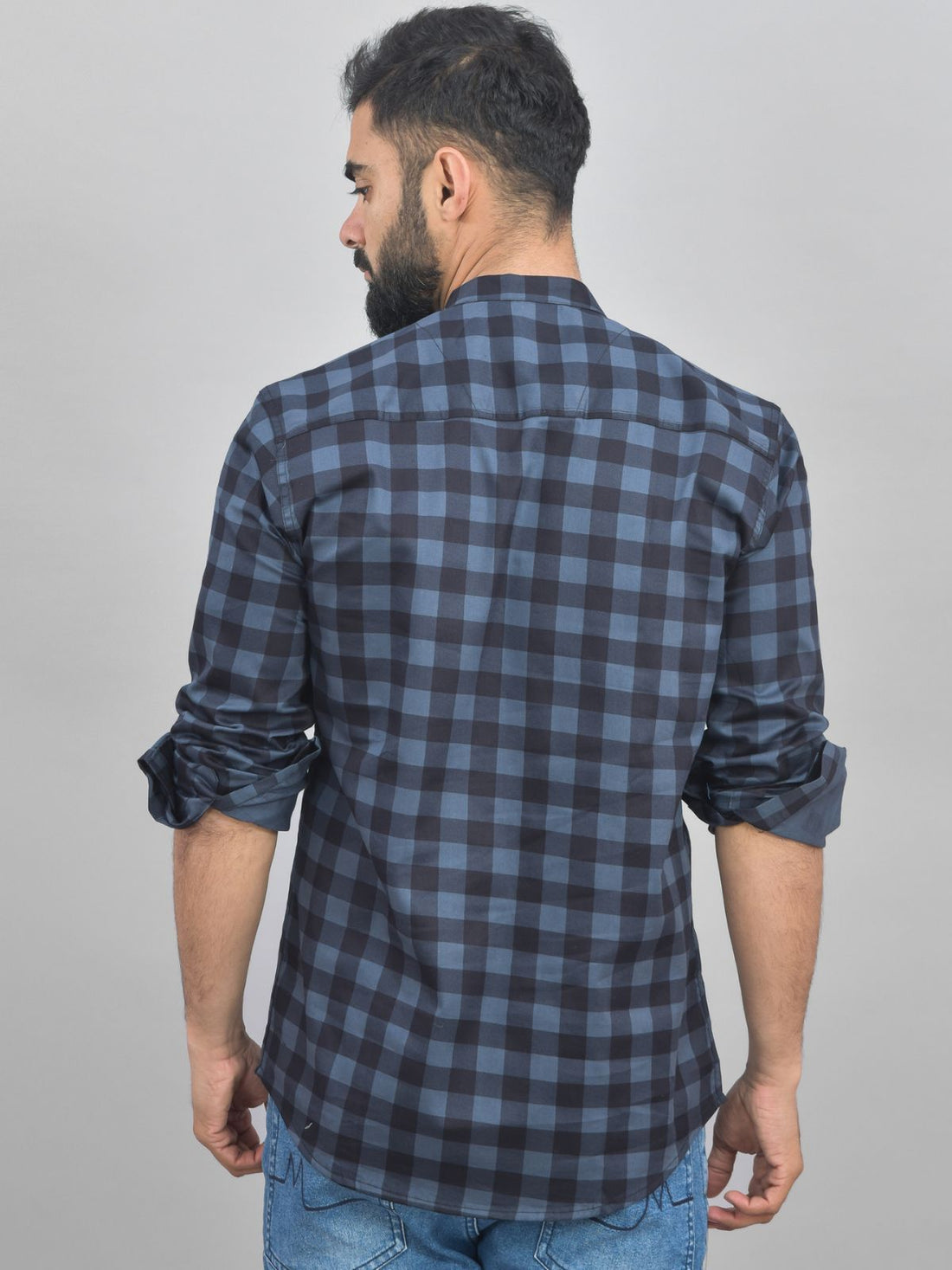 Quaclo Mens Blue Check Cotton Short Kurta