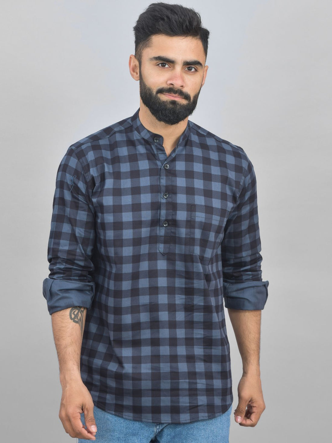 Pack Of 2 Mens Blue And Teal Blue Wide Check Cotton Short Kurta Combo