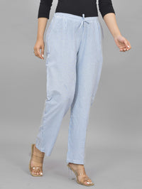 Womens Regular Fit Blue Striped South Cotton Trouser