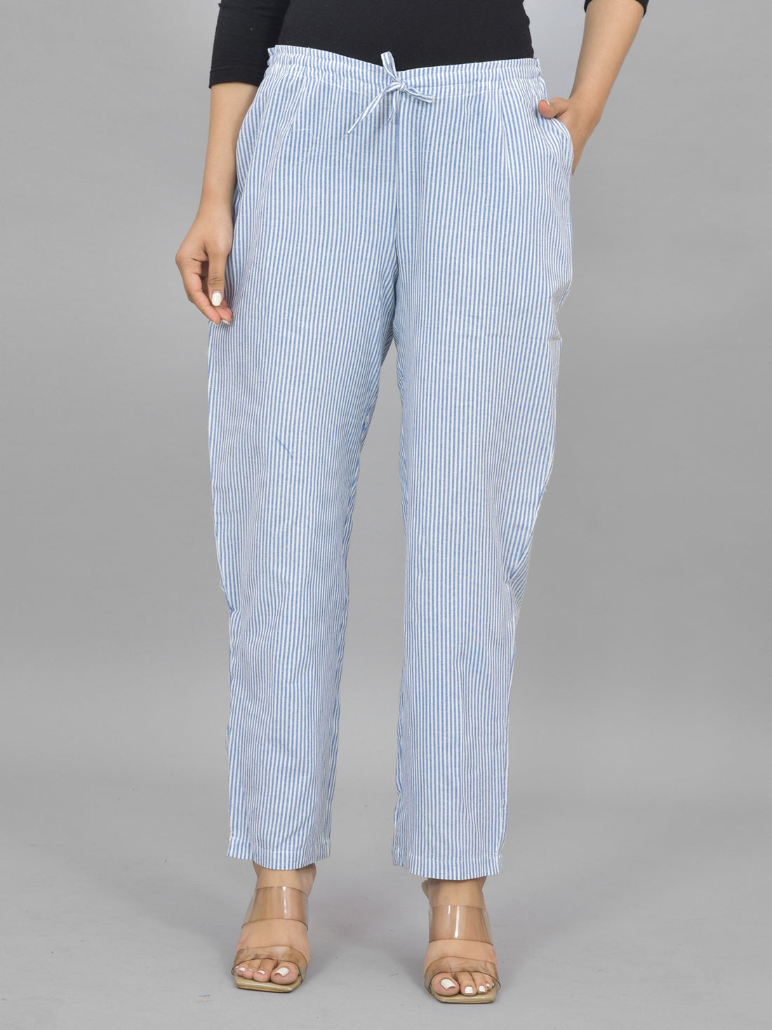 Combo Pack of 2 Womens Blue And Multicolor Cotton Stripe Trouser