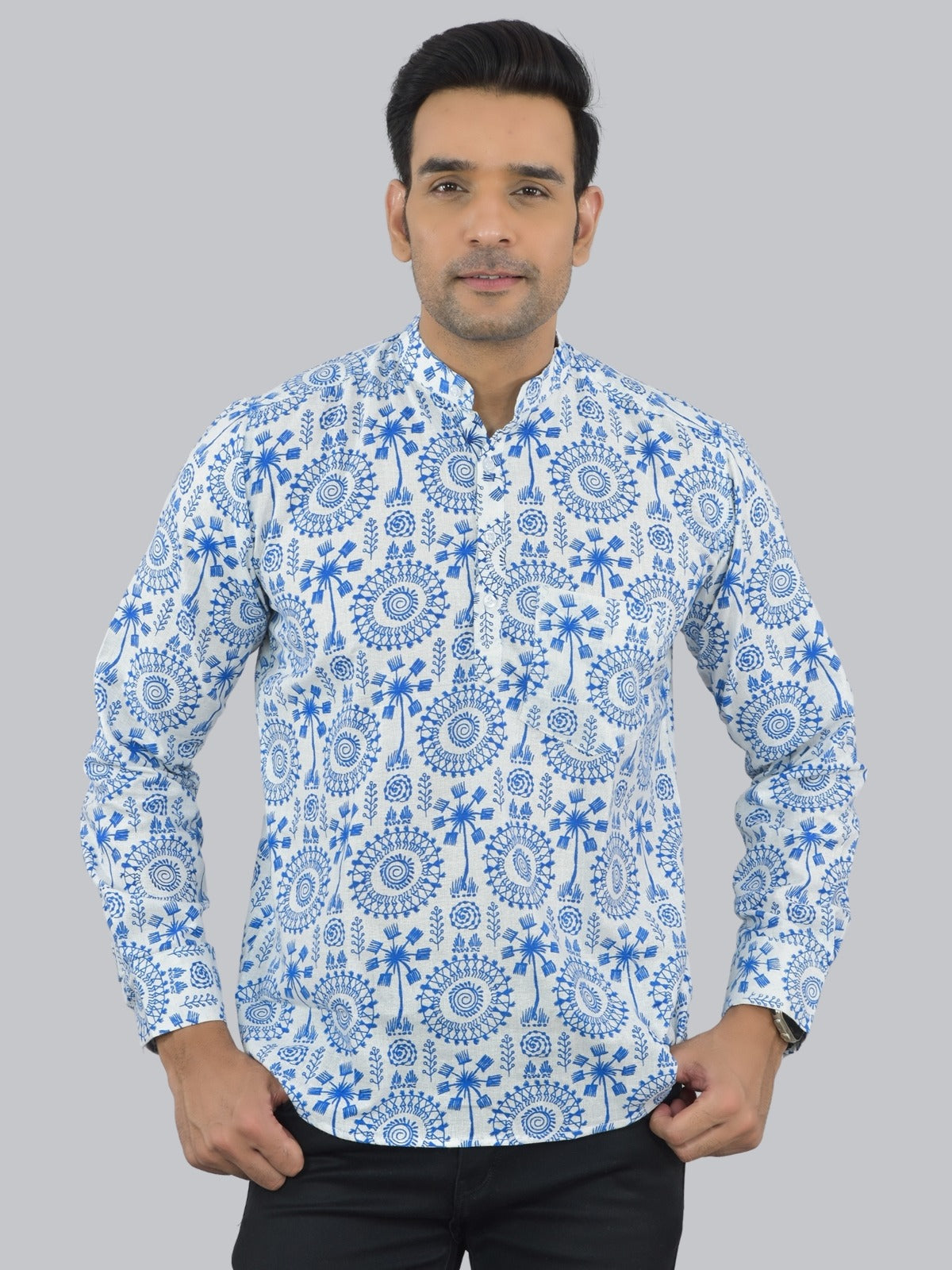 Mens Regular fit Blue Tribal Printed Cotton short Kurta