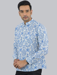 Mens Regular fit Blue Tribal Printed Cotton short Kurta