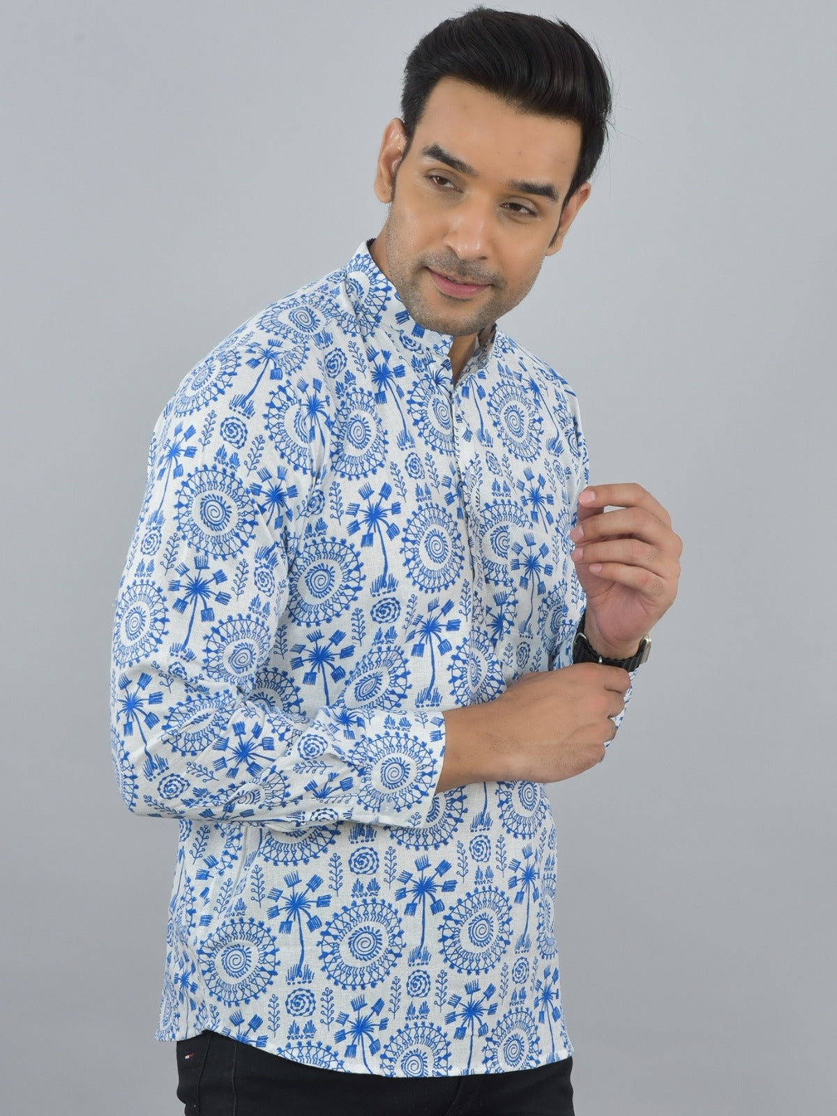 Mens Regular fit Blue Tribal Printed Cotton short Kurta