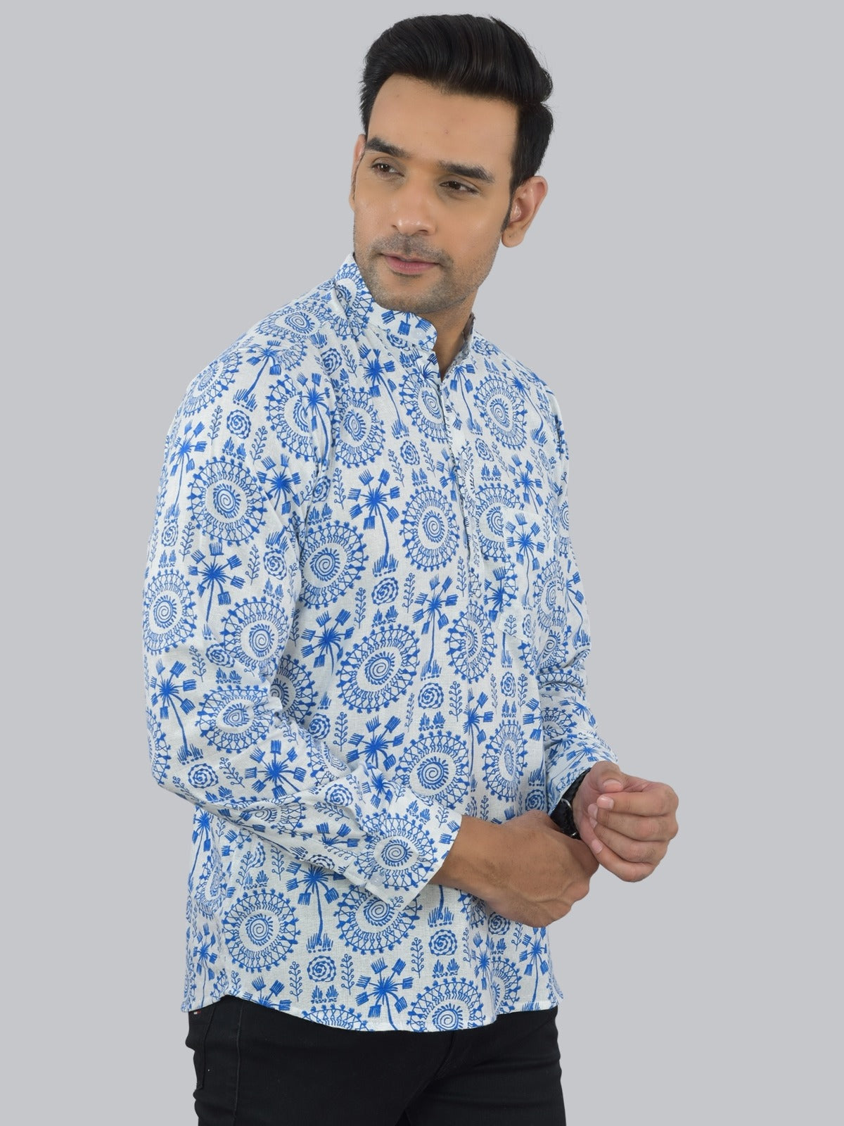 Mens Regular fit Blue Tribal Printed Cotton short Kurta