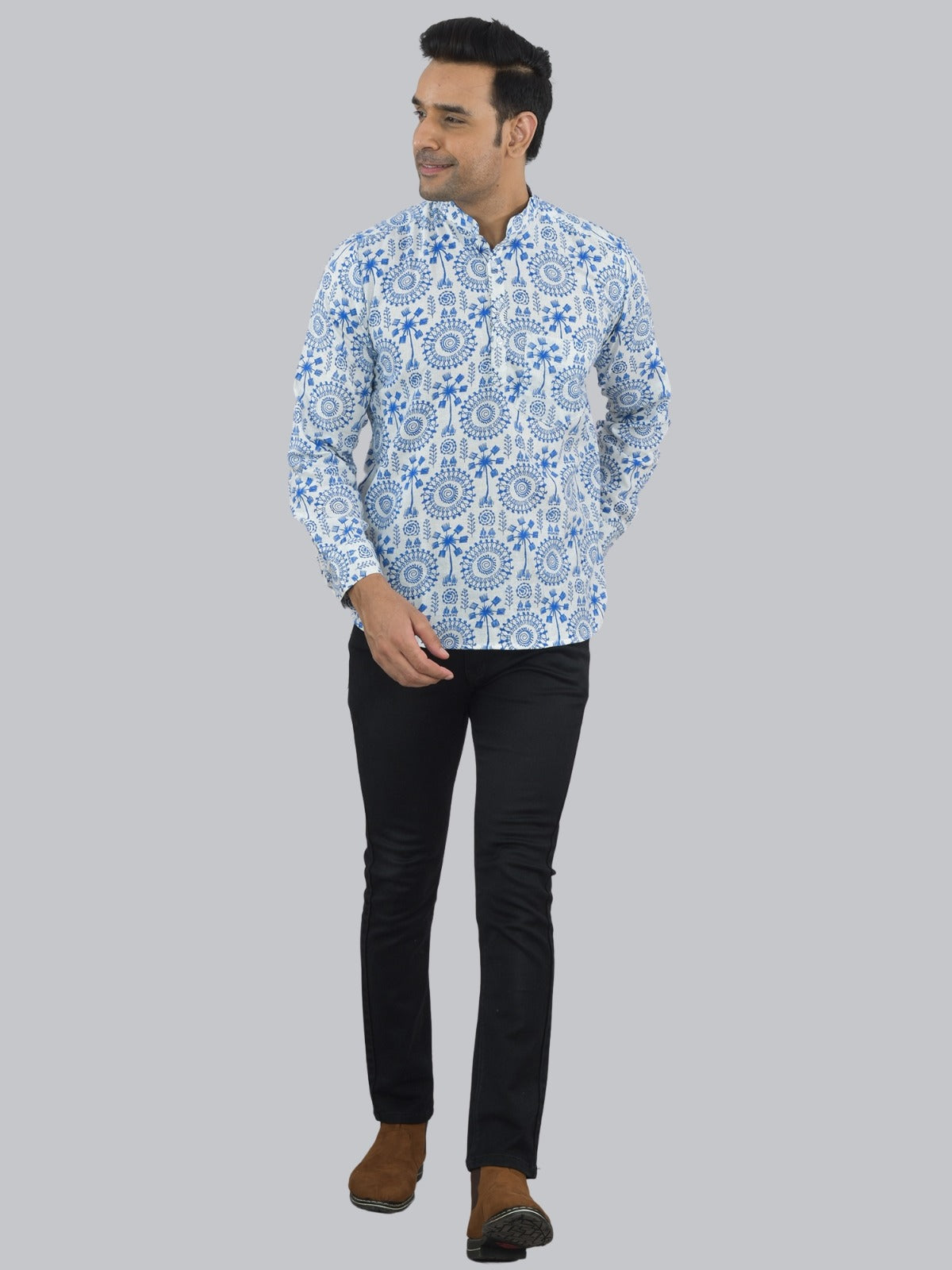 Mens Regular fit Blue Tribal Printed Cotton short Kurta