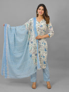 Womens Blue Flower Printed V Neck Kurti, dupatta and Pant Set