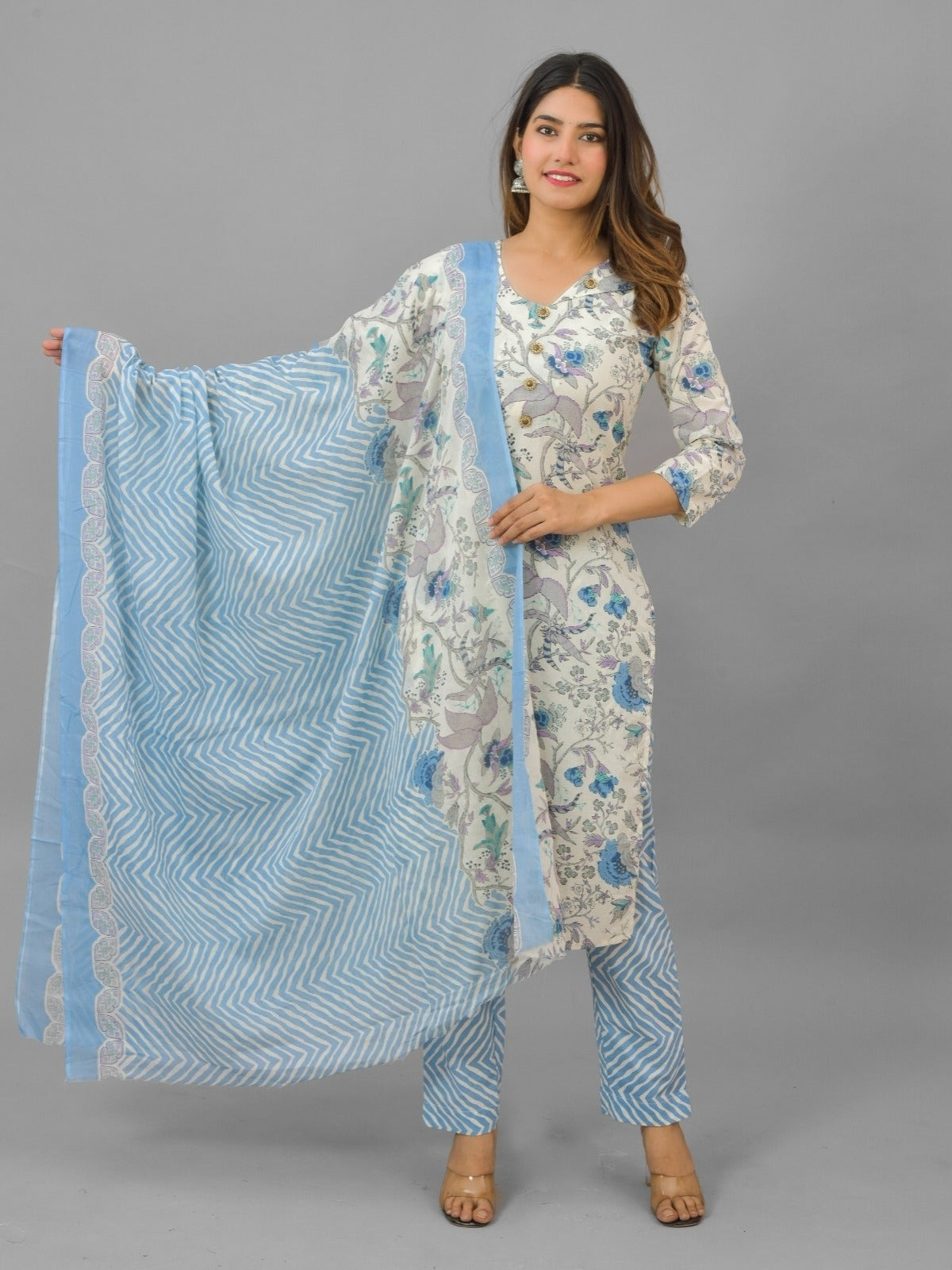 Womens Blue Flower Printed V Neck Kurti, dupatta and Pant Set