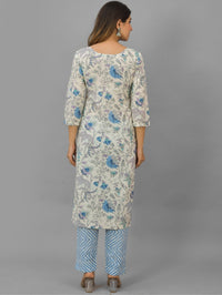 Womens Blue Flower Printed V Neck Kurti, dupatta and Pant Set