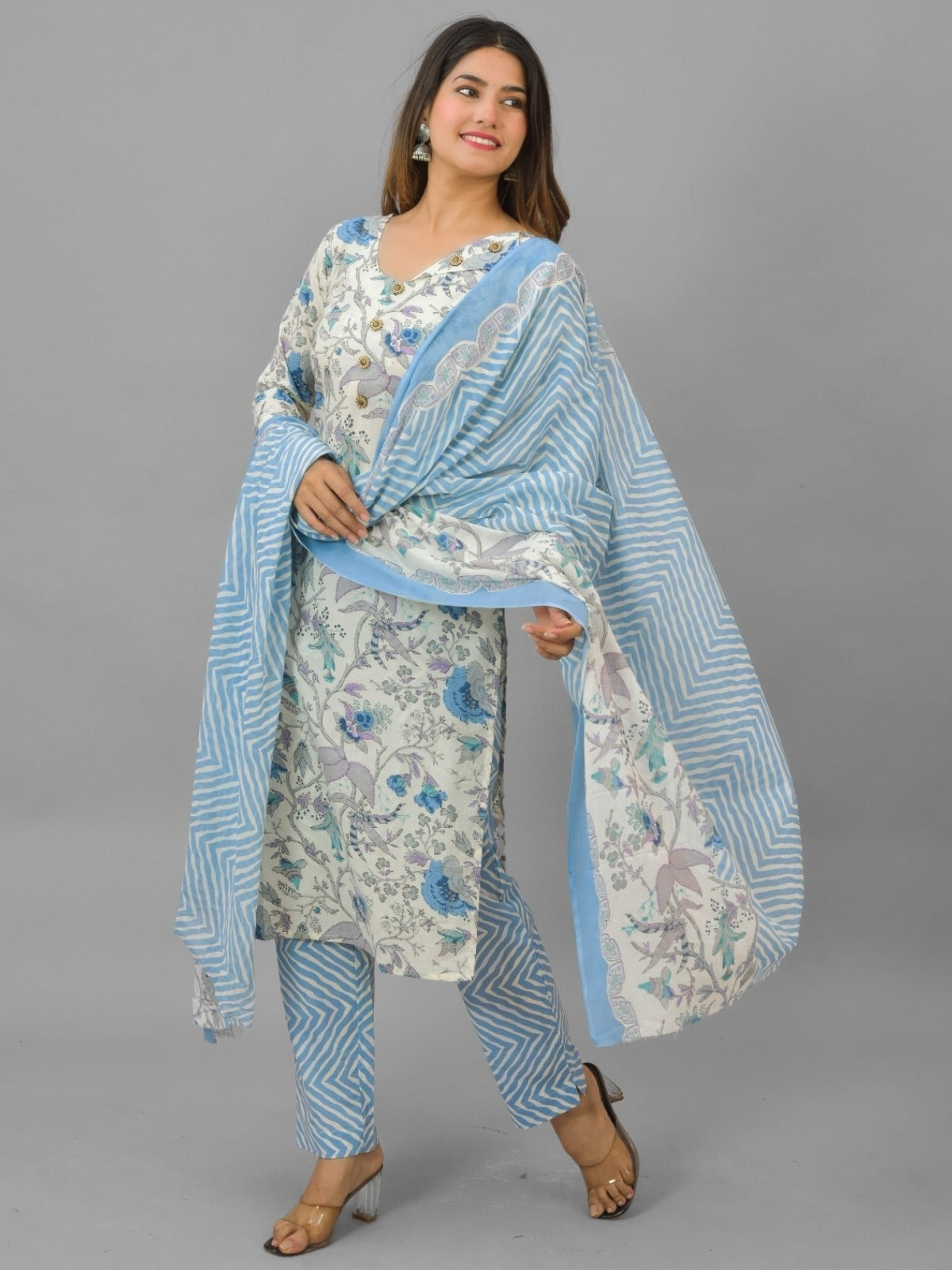 Womens Blue Flower Printed V Neck Kurti, dupatta and Pant Set