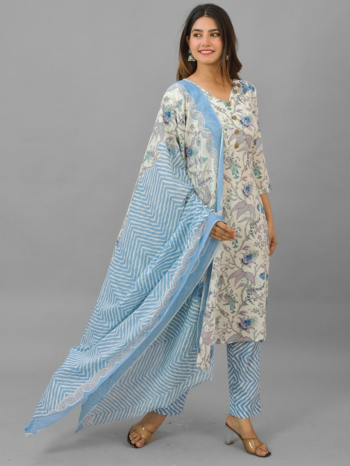 Womens Blue Flower Printed V Neck Kurti, dupatta and Pant Set