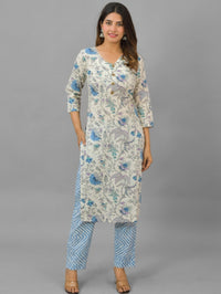 Womens Blue Flower Printed V Neck Kurti, dupatta and Pant Set