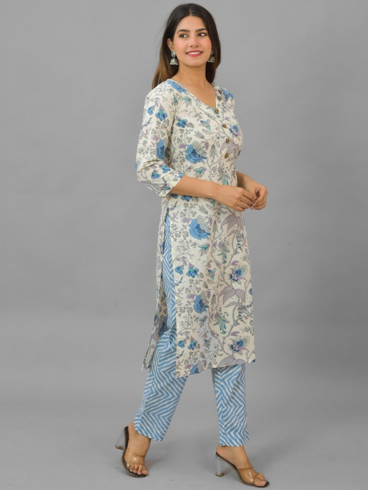 Womens Blue Flower Printed V Neck Kurti, dupatta and Pant Set