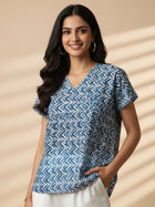 Blue Zig Zag Airy Linen Cotton Printed Short Kurti/Top