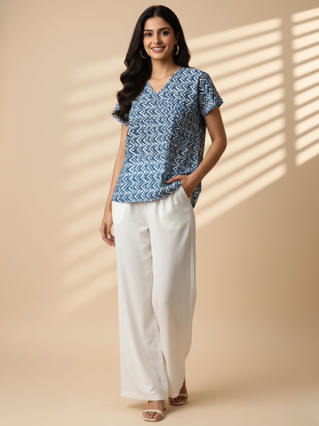 Pack Of 2 Womens Blue Zig-Zag And Yellow Airy Linen Cotton Printed Tops