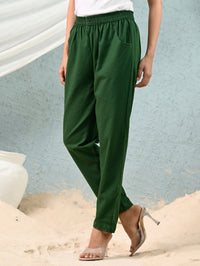 Women's Green Regular Fit Elastic Cotton Trouser