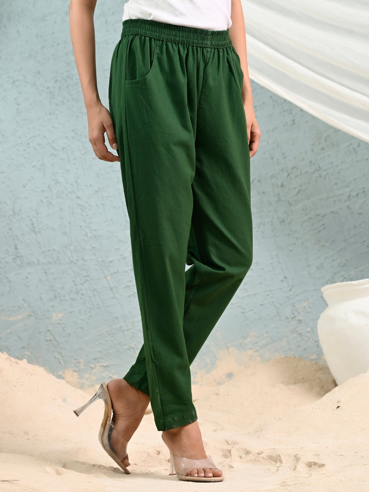 Women's Green Regular Fit Elastic Cotton Trouser