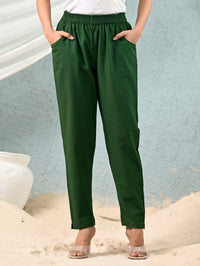 Women's Green Regular Fit Elastic Cotton Trouser