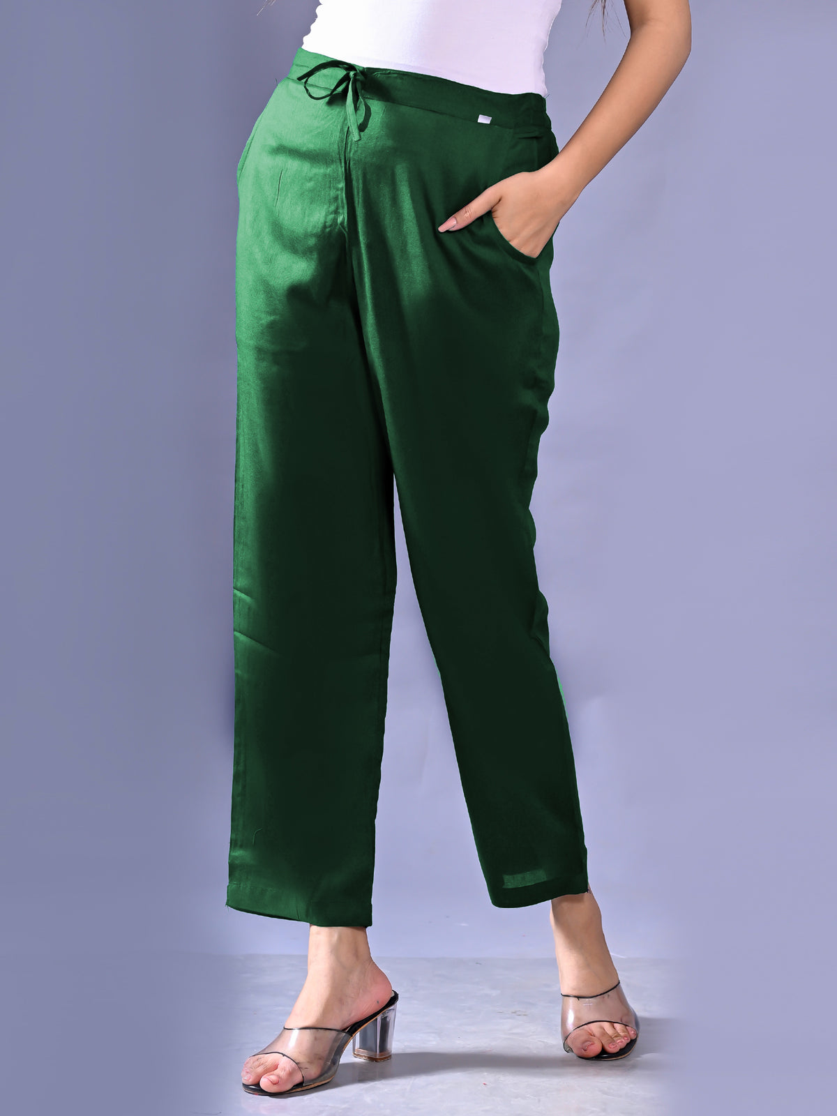 Women Regular Fit Dark Green Rayon Trouser