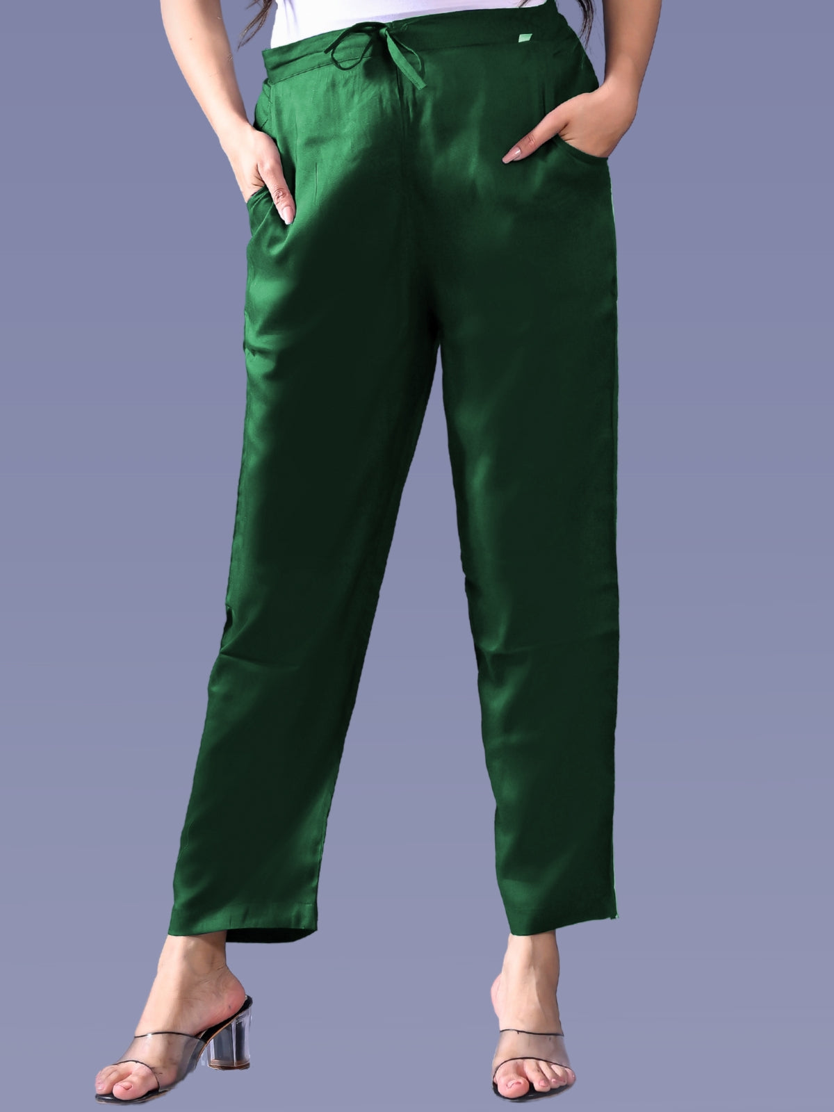 Women Regular Fit Dark Green Rayon Trouser