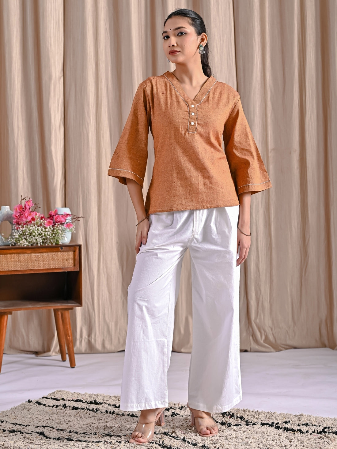 Brick Red Handloom Cotton Anchor Thread Designer Top