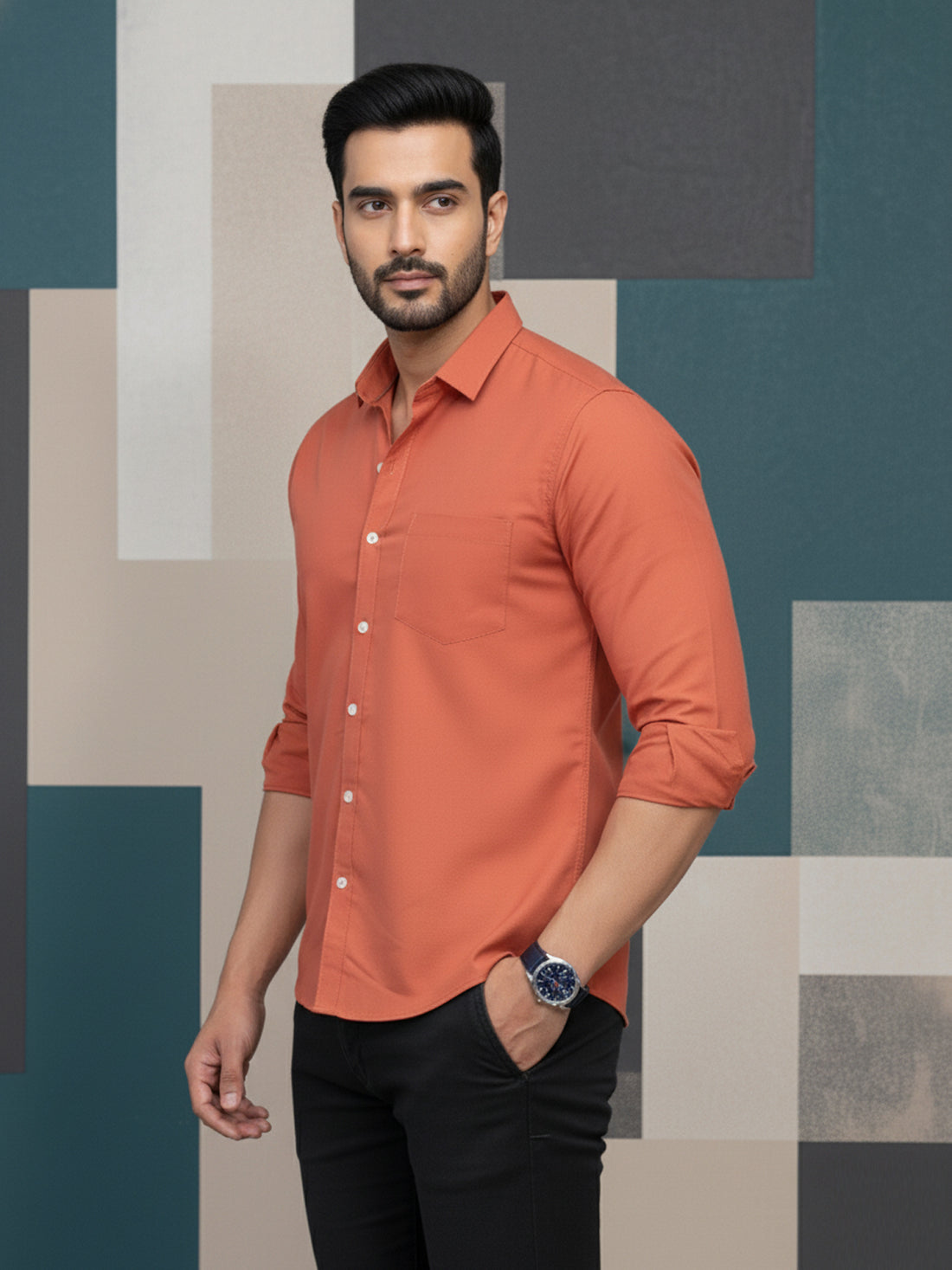Mens Solid Brickred Full Sleeve Cotton Blend Shirt
