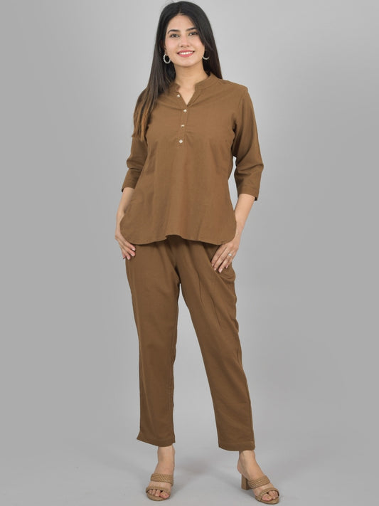 Quaclo Womens Solid Brown Cotton Top-Pyjama Co-Ords Set