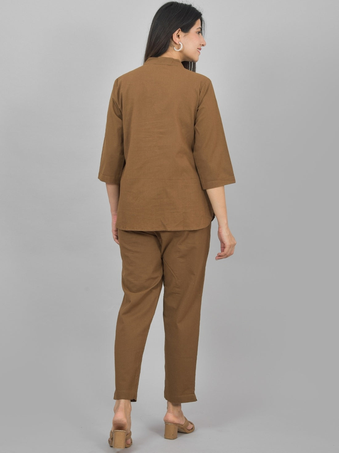 Womens Solid Brown Cotton Top-Pyjama Co-Ords Set