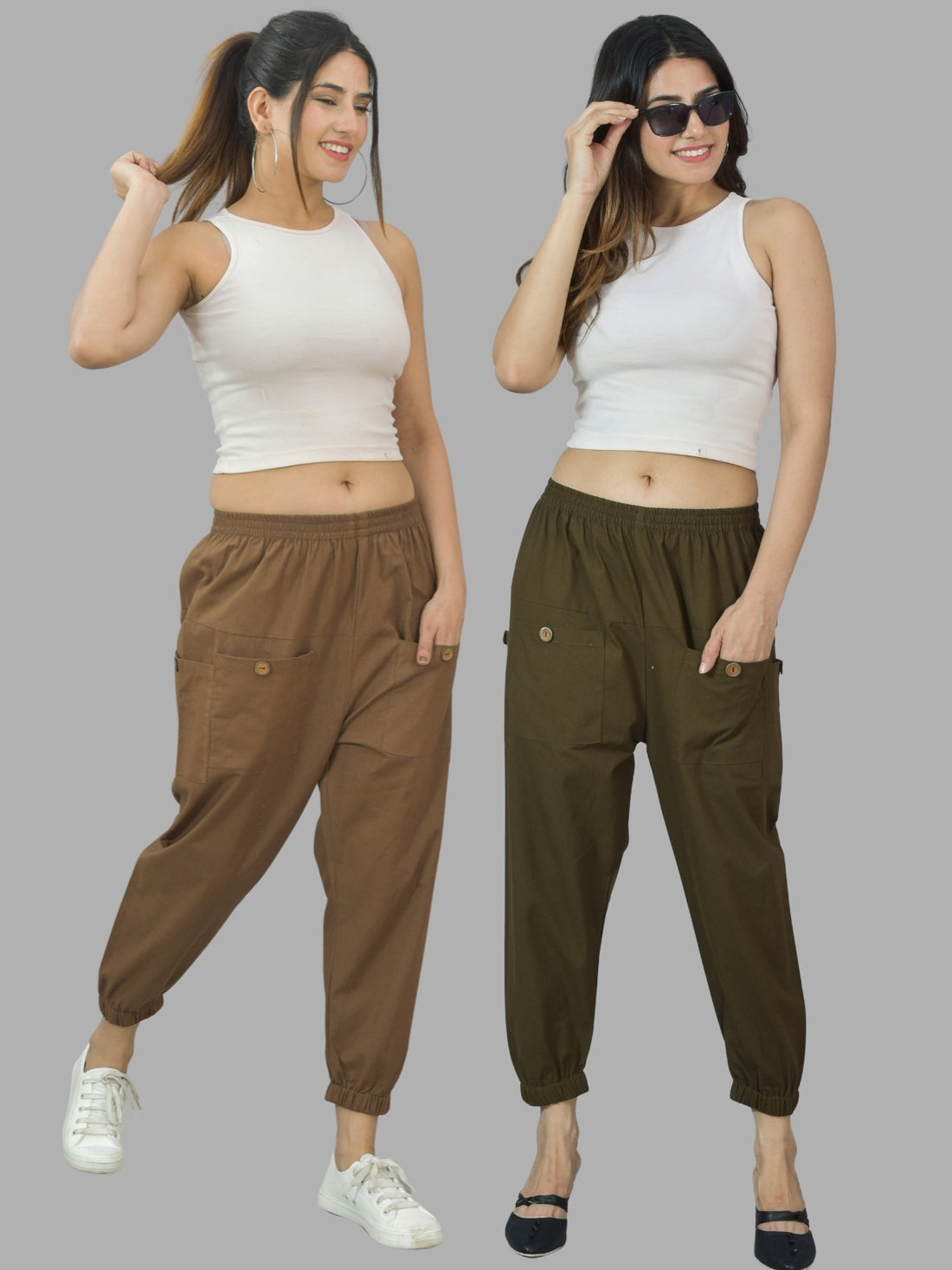 Combo Pack Of Womens Brown And Dark Green Four Pocket Cotton Cargo Pants