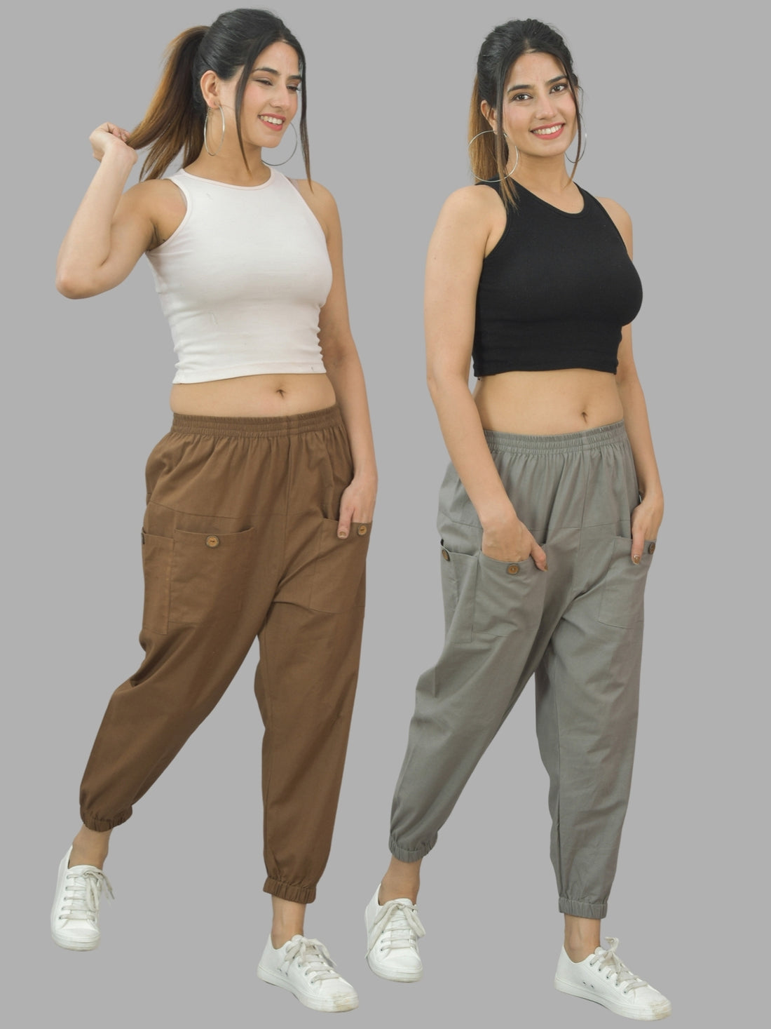 Combo Pack Of Womens Brown And Grey Four Pocket Cotton Cargo Pants