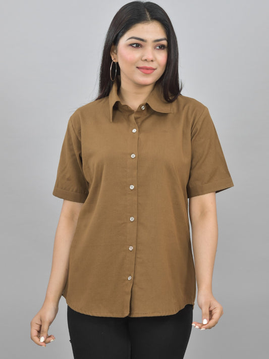 Women Solid Brown Half Sleeve Spread Collar Cotton Shirt