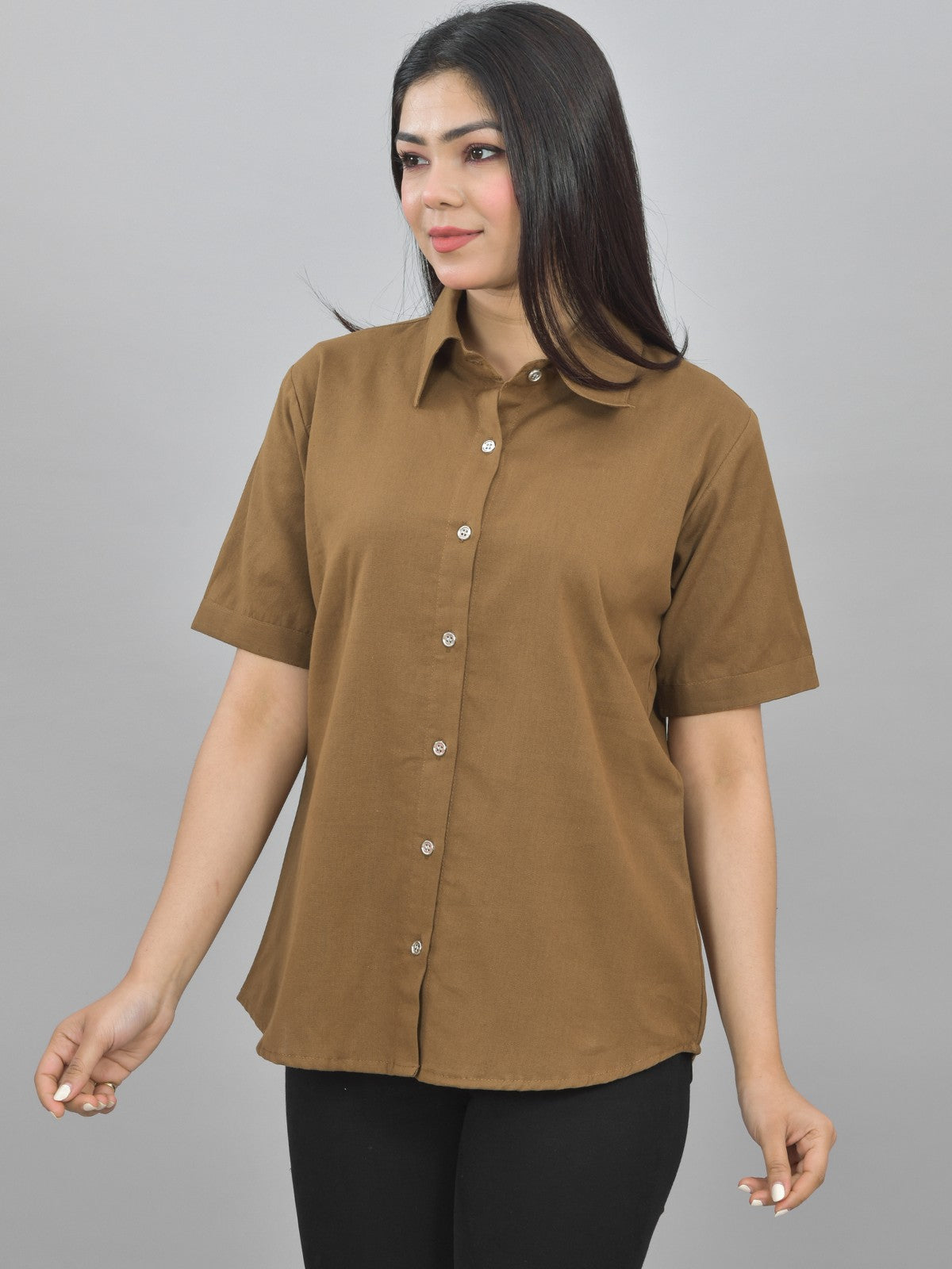 Women Solid Brown Half Sleeve Spread Collar Cotton Shirt