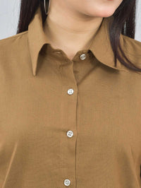 Women Solid Brown Half Sleeve Spread Collar Cotton Shirt