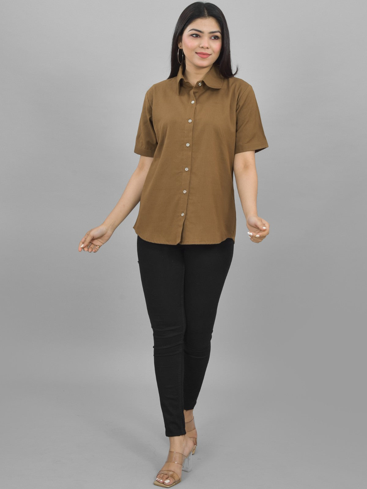 Women Solid Brown Half Sleeve Spread Collar Cotton Shirt